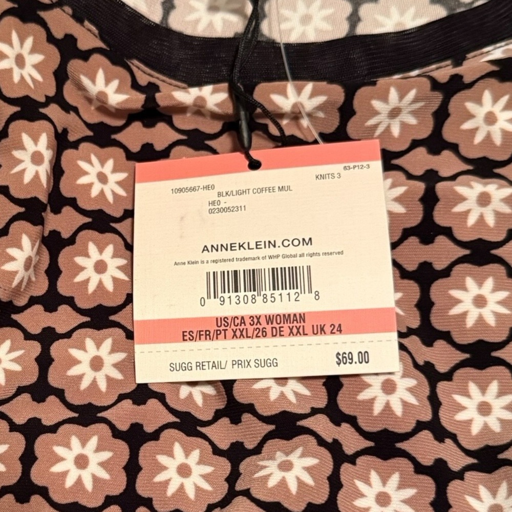 Anne Klein Black Cream Patterned Short Sleeve Top - Picture 5 of 7